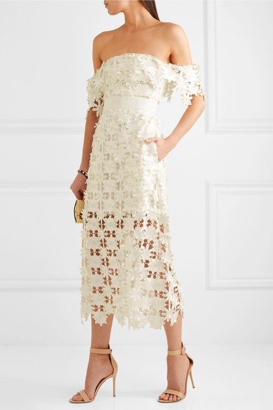 Off-the-shoulder guipure lace midi dress