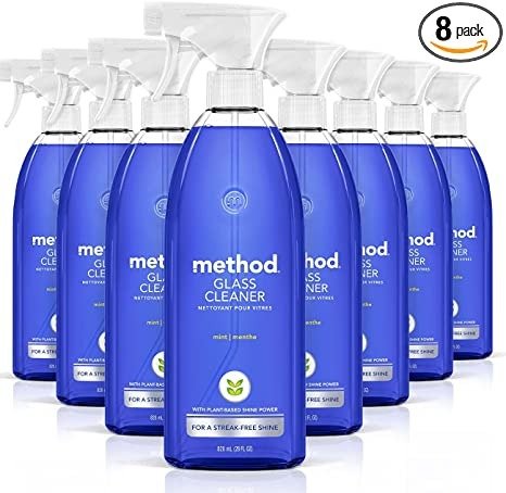 Glass Cleaner Spray, Ammonia Free & Plant-Based Solution, Mirror & Window Cleaner - Great for Indoor & Outdoor Glass Surfaces, Mint Scent, 828 ml Spray Bottles, 28 Fl Oz (Pack of 8)