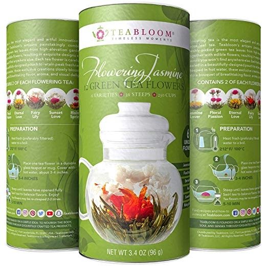 Teabloom Jasmine Flowering Tea – Hand Tied Green Tea Leaves + Jasmine Blossoms Flowering Tea Creations – Blooming Tea Gift Set – 12-Pack, 36 Steeps, Makes 250 Cups