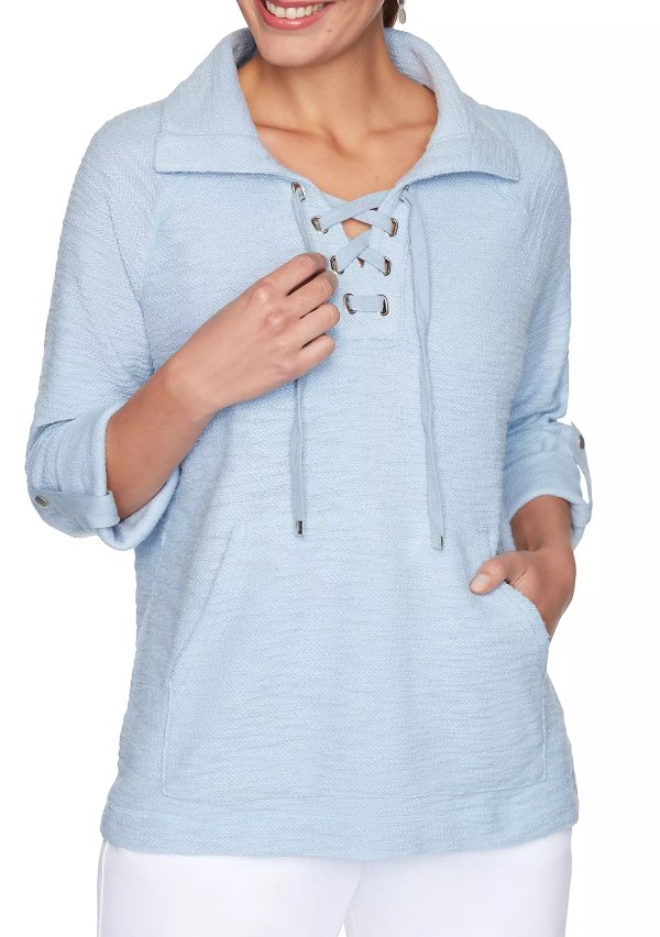 Women's Sporty Solid Knit Lace Up Pullover