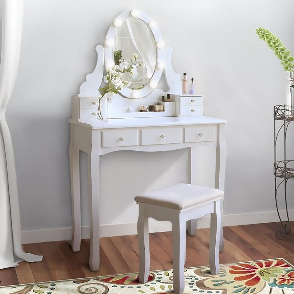 White Wooden Bedroom Vanity Sets Makeup Table With Oval LED Light Mirror and Stool