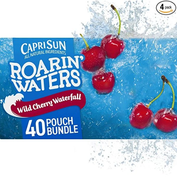 Roarin' Waters Wild Cherry Waterfall Naturally Flavored Water Kids Juice Beverage (40 ct Pack, 4 Boxes of 10 Pouches)