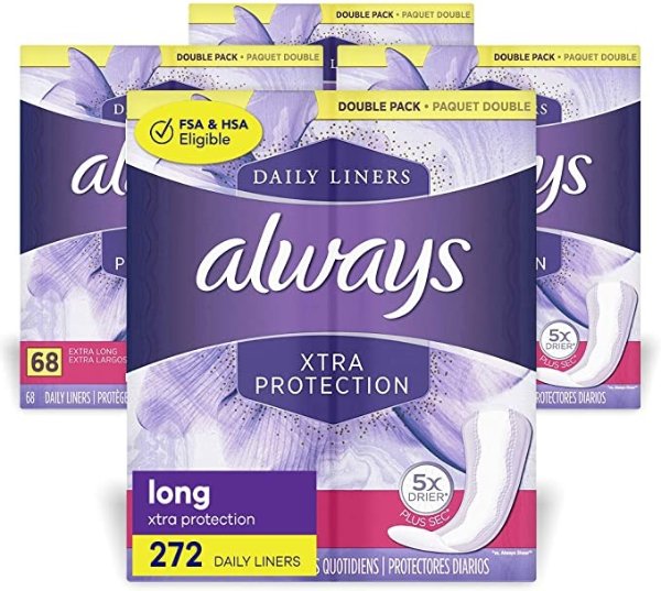 Xtra Protection Daily Feminine Panty Liners for Women, Extra Long, Unscented, 68 Count - Pack of 4 (272 Count Total)