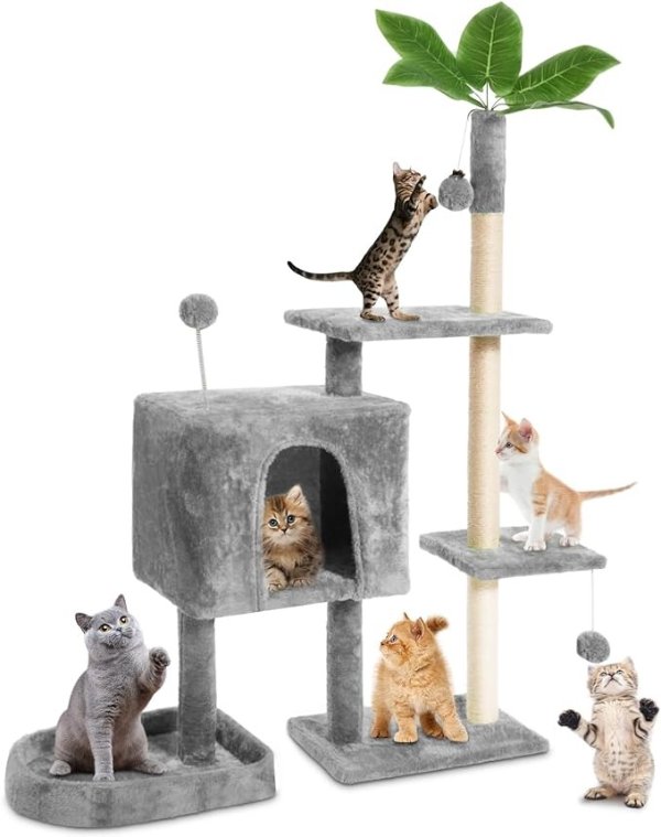 TSCOMON 52" Cat Tree Cat Tower for Indoor Cats with Green Leaves, Multi-Level Cozy Plush Cat Condo Cat House Cat Scratching Posts for Indoor Cats with Hang Ball, Home Plant Style Pet House, Grey