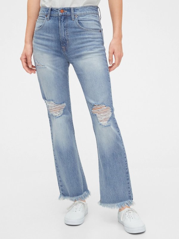 High Rise Destructed Crop Ankle Flare Jeans