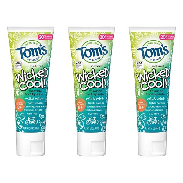 Natural Fluoride Wicked Cool Children's Toothpaste, Natural Toothpaste, Kids Toothpaste, Mild Mint, 5.1 Ounce, Pack of 3