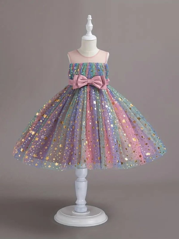 Kid Girls Rainbow Sequin Star Tutu Dress Sleeveless Princess Flower With Bow Tulle Dresses Girl Birthday Dresses Party Pageant Dance Party Ball Gown