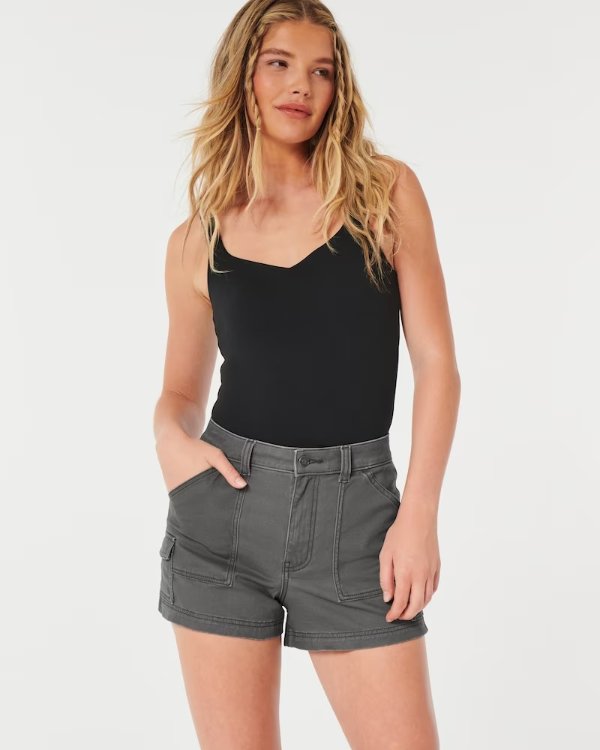 Ultra High-Rise Grey Twill Cargo Mom Shorts