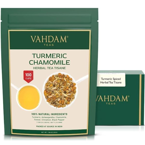 's Turmeric Chamomile Herbal Tea Tisane - Set of 2 (3.53oz each) | Active Turmeric + Chamomile | CAFFEINE FREE | Improves SLEEP | 100+ Cups | 100% Natural Ingredients