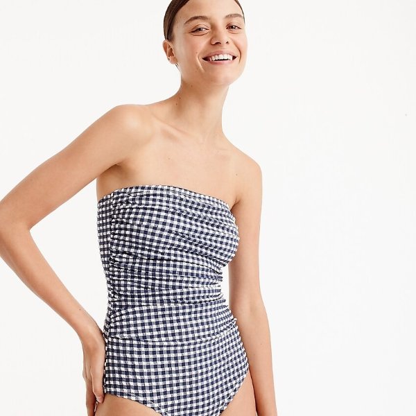 Gingham ruched bandeau one-piece swimsuit