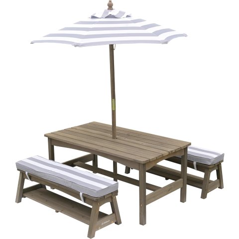 户外木桌和长凳套装，带靠垫和雨伞