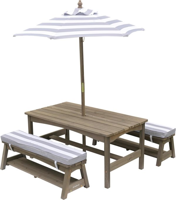 Outdoor Wooden Table & Bench Set with Cushions and Umbrella, Kids Backyard Furniture, Gray and White Stripes