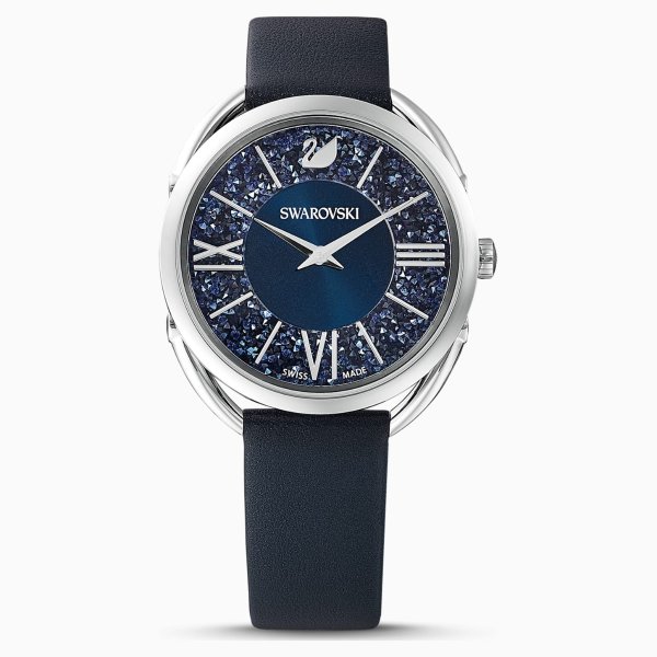 Crystalline Glam Watch, Leather strap, Blue, Stainless steel by SWAROVSKI