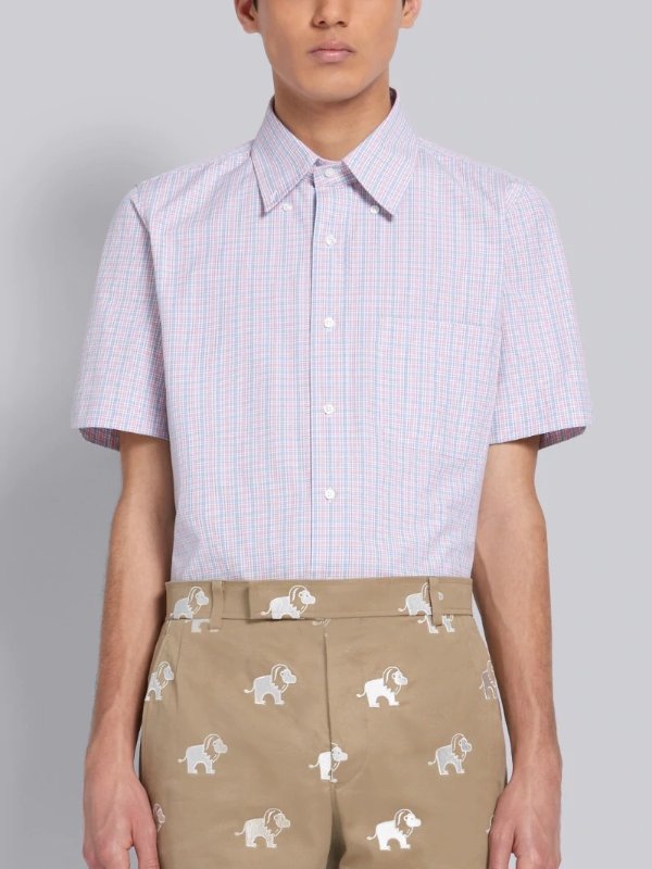On sale- Tricolor Cotton Poplin Check Short Sleeve Shirt | Shop Thom Browne official sale