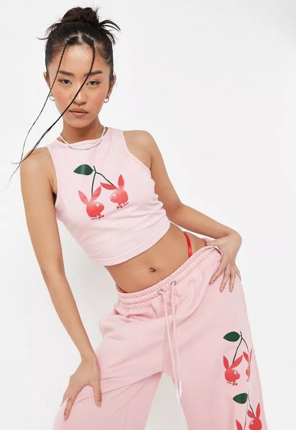 punch Addict squeeze Missguided US Missguided - Playboy xPink Cherry Print Racer Neck Crop Top  31.00
