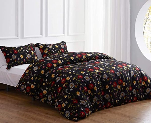 Black Floral Print Duvet Cover Set, Twin Bedding Duvet Cover with Zipper Closure and Pillowcase - Corner Ties