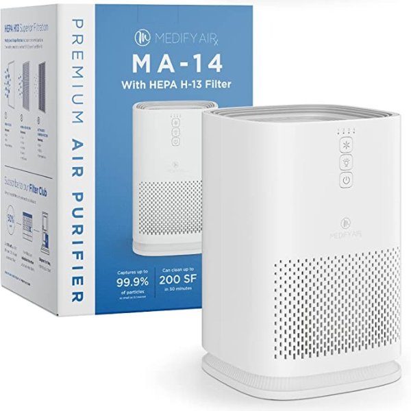 Medify MA-14 Air Purifier with H13 True HEPA Filter | 200 sq ft Coverage | for Allergens, Smoke, Smokers, Dust, Odors, Pollen, Pet Dander | Quiet 99.9% Removal to 0.1 Microns | White, 1-Pack