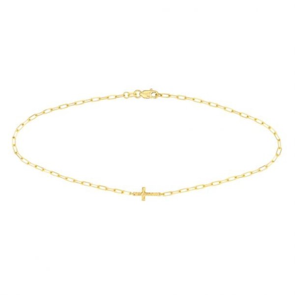 Yellow Gold East to West Hammered Cross Anklet