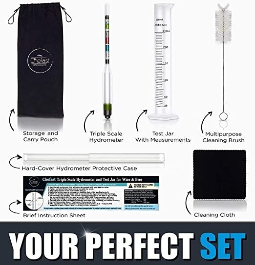 Hydrometer and Test Jar for Wine, Beer, Mead and Kombucha - Combo Kit of Triple-Scale Hydrometer, 250ml Plastic Cylinder, Cleaning Brush, Cloth and Storage Bag