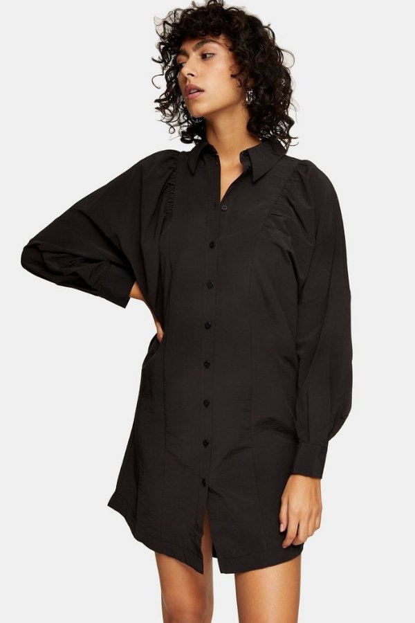 Black Technical Mini Shirt Dress