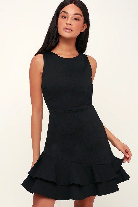 Darla Black Ruffled Asymmetrical Mini Dress