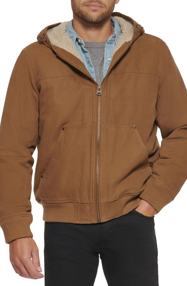 Workwear Cotton Canvas Faux Shearling Lined Hoodie Bomber Jacket