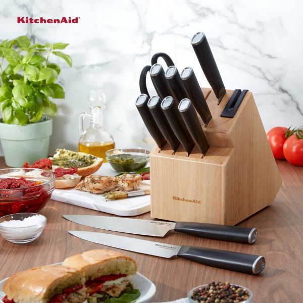 Classic Japanese Steel 12-Piece Knife Block Set with Built-in Knife Sharpener, Black