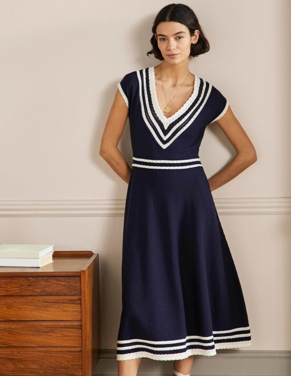 Trim Detail Knitted Midi Dress - Navy | Boden US