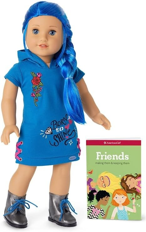 Truly Me 18-inch Doll #90 with Blue Eyes, Long Blue Hair, and Light-to-Medium Skin with Warm Undertones in Skater Dress