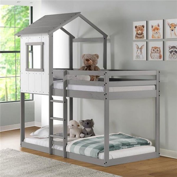 Twin Over Twin Tree House Low Bunk Bed, Rustic White with Light Gray Frame