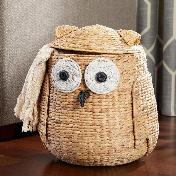 Light Brown Owl Water Hyacinth Woven Decorative Basket with Lid