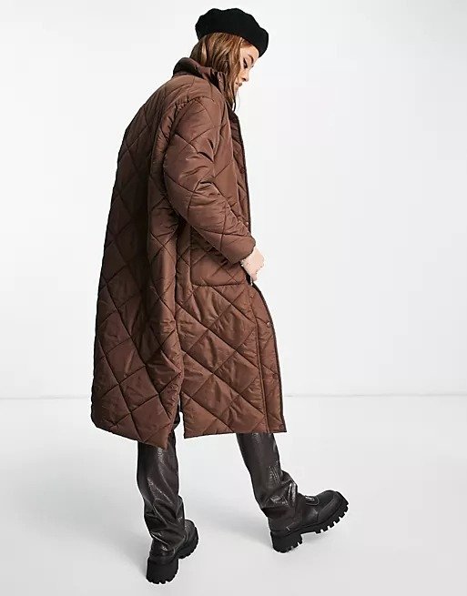 longline diamond quilt puffer coat with funnel neck in chocolate brown