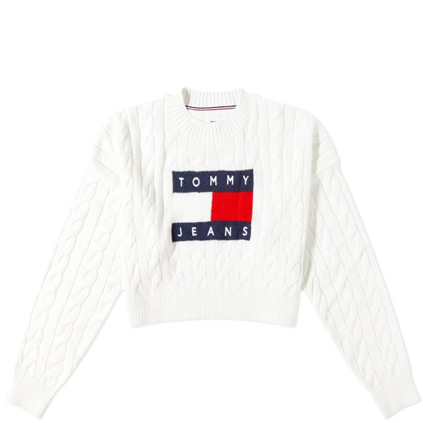 Tommy Jeans Boxy Flag Logo Cable Knit JumperAncient White