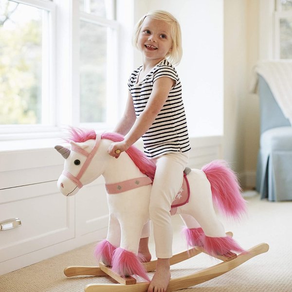 Adventure | Real Wood Ride-On Plush Rocker | White and Pink Unicorn | Perfect for Ages 3+