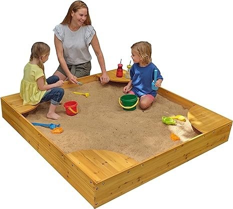 Wooden Backyard Sandbox with Built-in Corner Seating and Mesh Cover, Kid's Outdoor Furniture, Honey, Gift for Ages 2-8