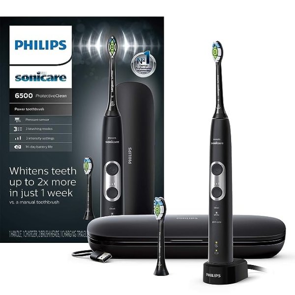 ProtectiveClean 6500 Rechargeable Electric Toothbrush with Charging Travel Case and Extra Brush Head, Black HX6462/08