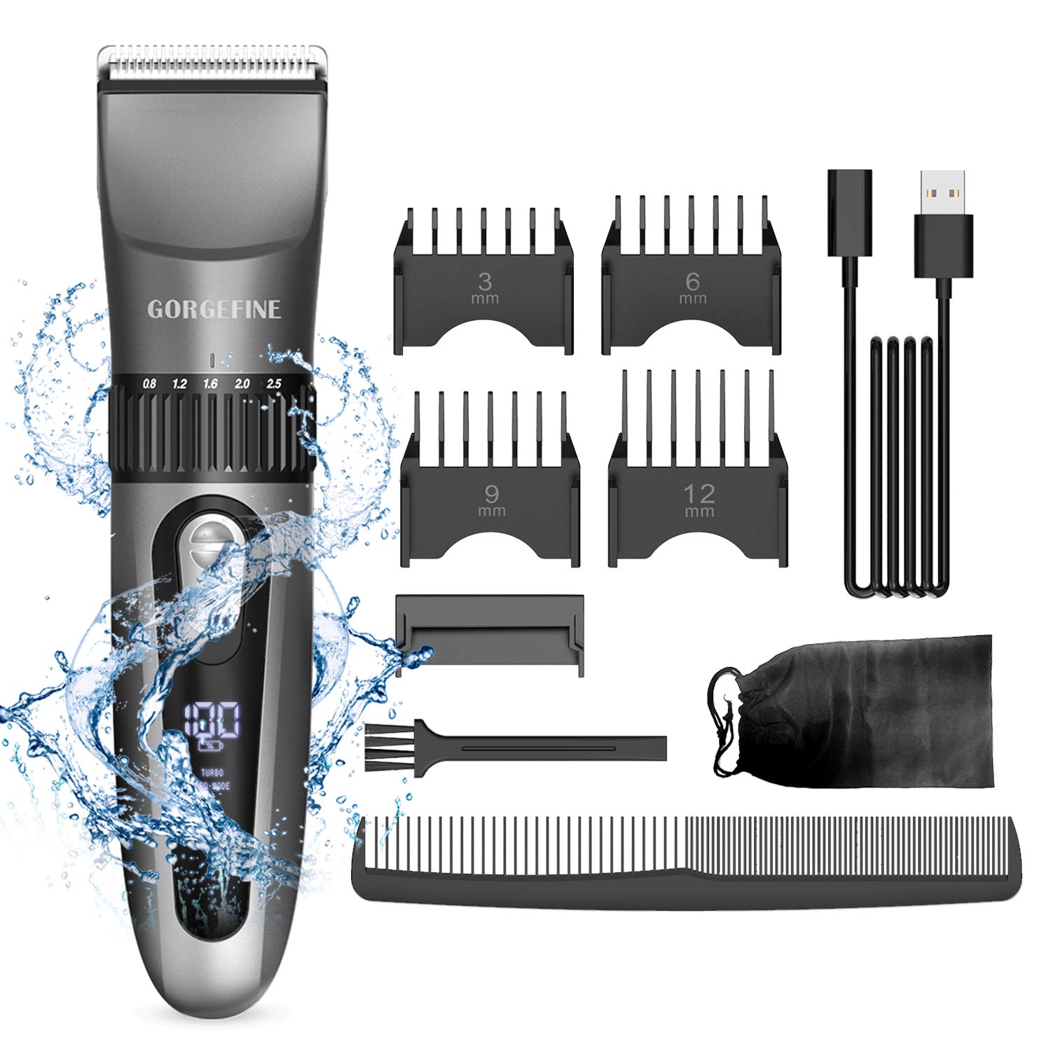 Gorgefine可充电理发器和修剪器，用于男士专业无绳理发和美容套件，带LED显示屏防水-涡轮增压模式和超静音模式