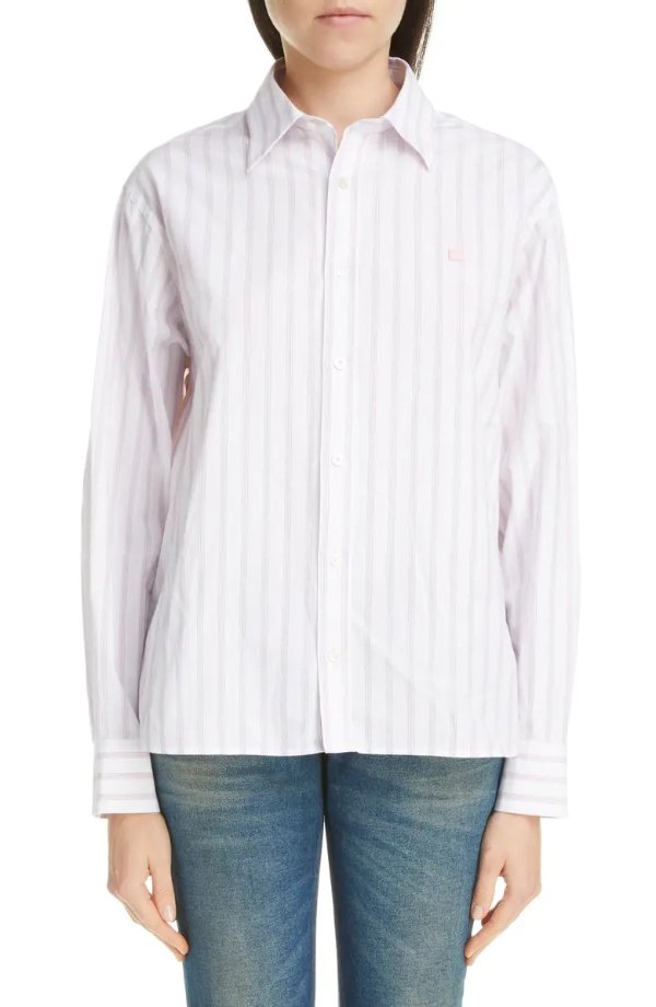 Sarlie Stripe Face Patch Long Sleeve Button-Up Shirt