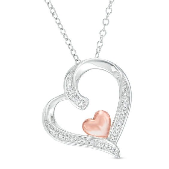 Diamond Accent Tilted Double Heart Pendant in Sterling Silver with 14K Rose Gold Plate|Zales