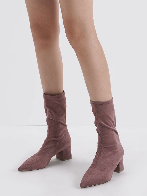 Mauve Textured Pointed Toe Calf Boots | CHARLES &amp; KEITH