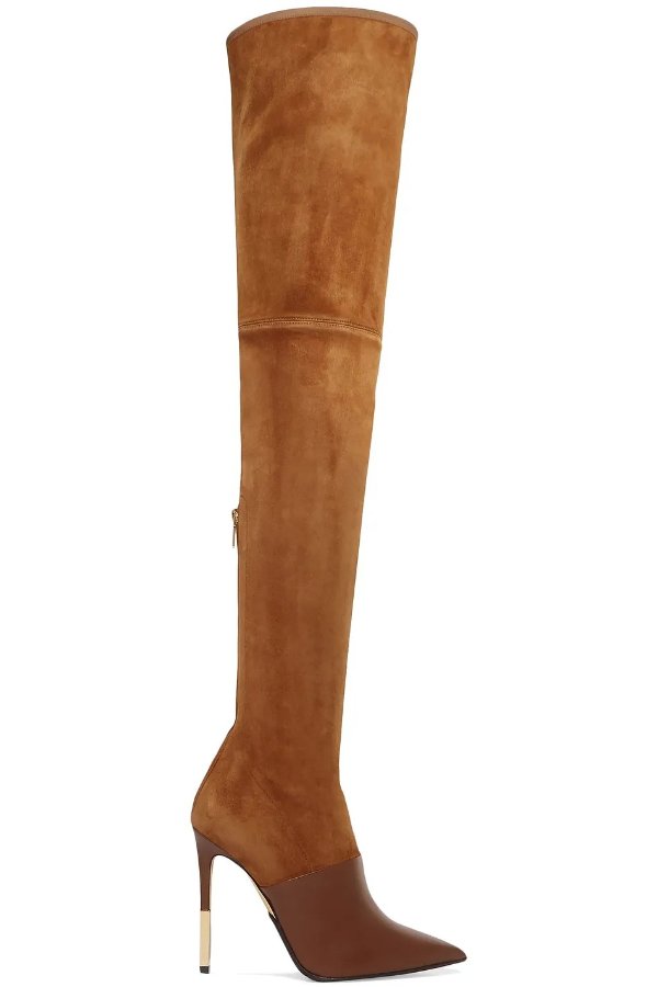 Leather-paneled suede thigh boots