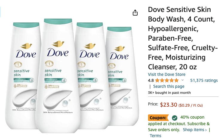 Amazon.com: Dove Body Wash Sensitive Skin 4 Count Hypoallergenic, 20 oz : 额外6折