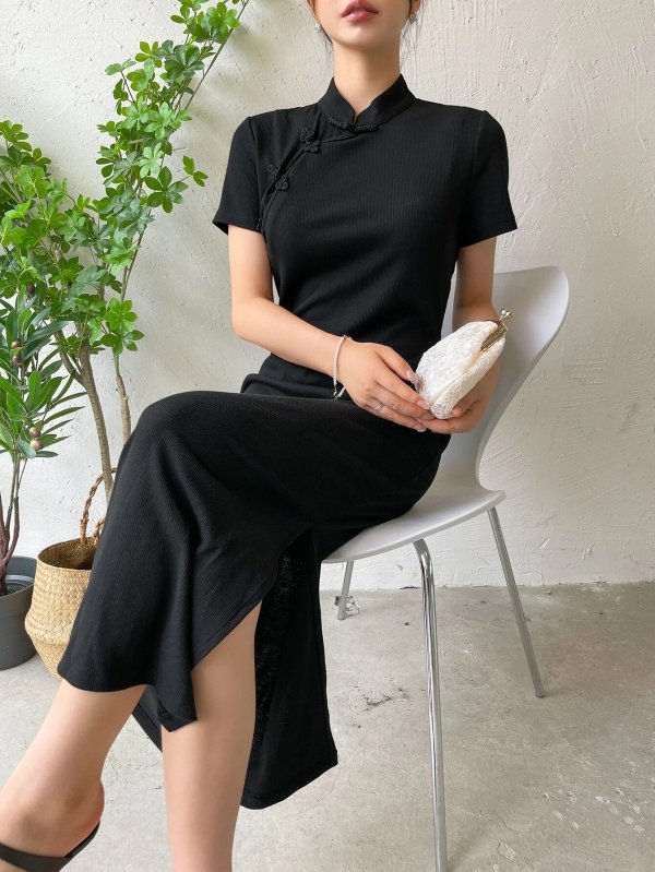 DAZY Rib-knit Mandarin Collar Split Thigh Dress