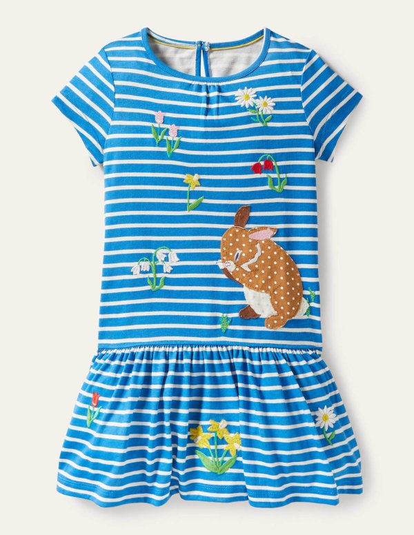 Short Sleeve Embroidered Dress - Bright Marina Blue Bunny | Boden US