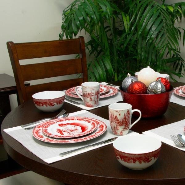Winter Cottage 16 piece Dinnerware Decorated Set in Red