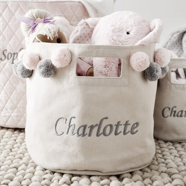 Personalized Large Canvas Storage Bag with Pink Pom poms