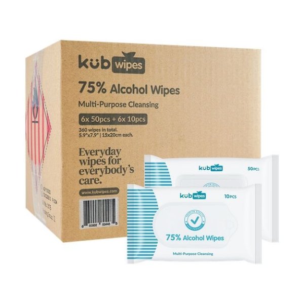75% Alcohol Wipes with Aloe 6+6. 6 Packs Of Regular Package (50pcs/pack) & 6 Packs Of Travel Size (10pcs/pack)
