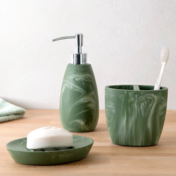 3-Piece Rounded Jade Green Marble Resin Bath Accessory Set