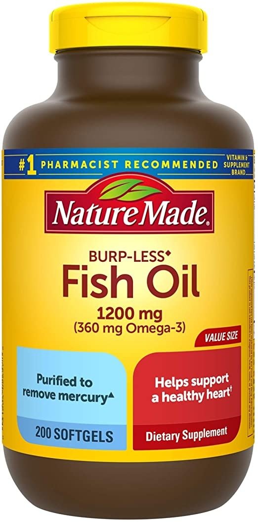 Burp-Less Fish Oil 1200 mg Softgels, 200 Count for Heart Health† (Packaging May Vary)