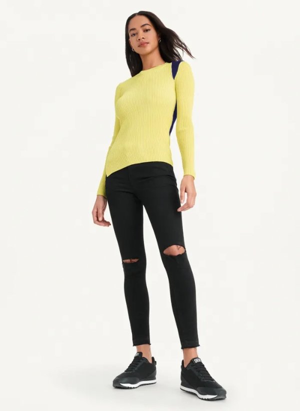 Buy Long Sleeve Contrast Shoulder Crewneck Sweater Online - DKNY